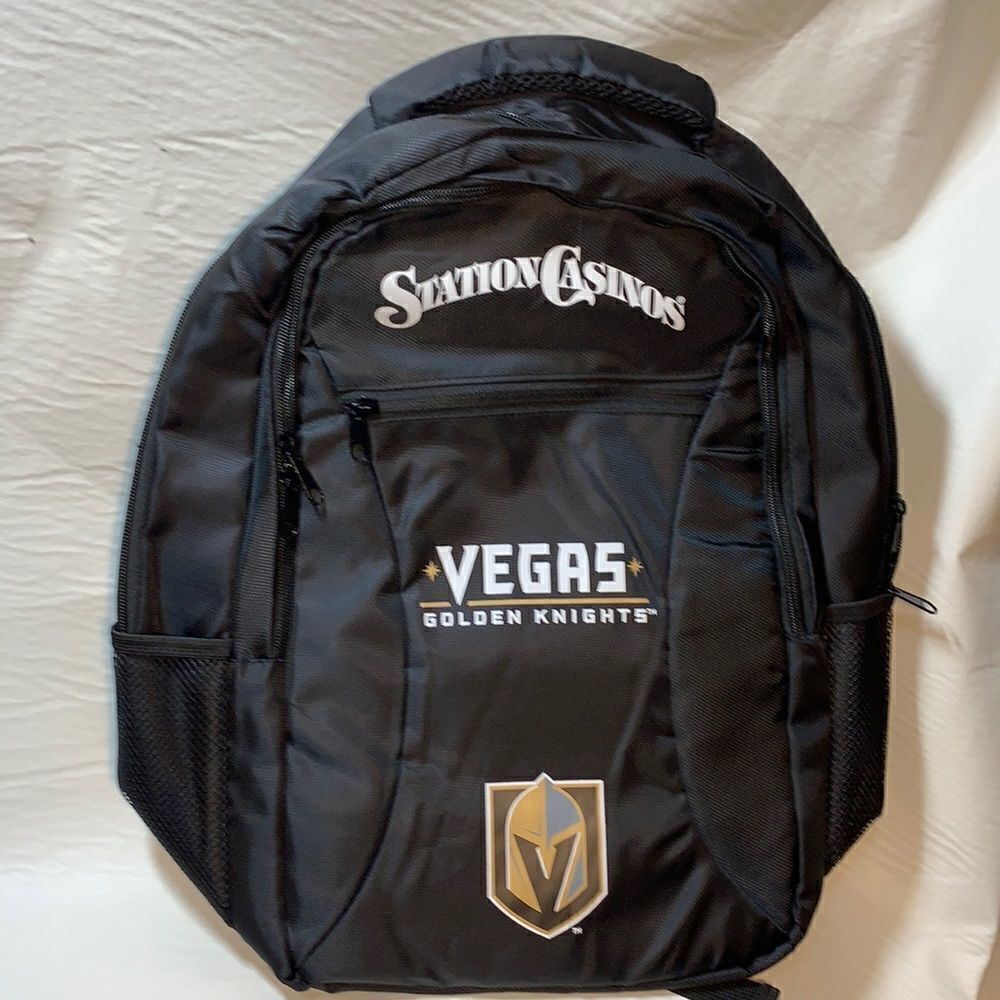 Vegas Golden Knights Station Casino Backpack Black Gold Zipper Unisex Adjustable
